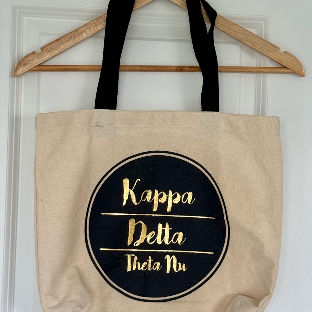 Kappa Delta Theta Nu Chapter Canvas Tote Bag - Cream and Black with Gold Text